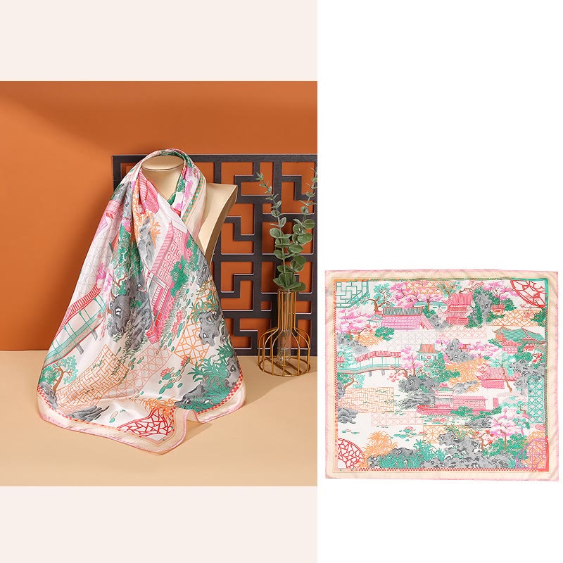 Foulard pour cheveux en soie de mûrier 100 % Buddha Stones et scène pastorale en montgolfière