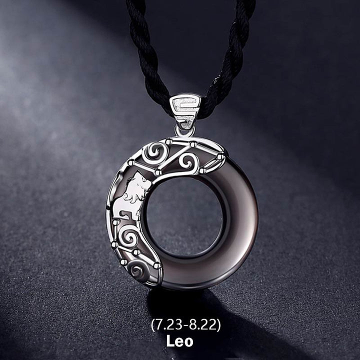 Collier pendentif rond en obsidienne glacée avec 12 constellations du zodiaque de Buddha Stones - Lion - Corde - image 9