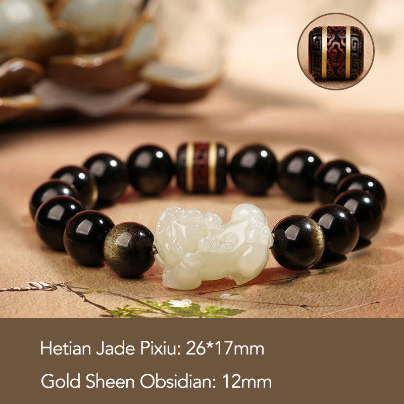 Bracelet de richesse PiXiu en jade cyan Hetian en obsidienne naturelle et dorée avec Buddha Stones