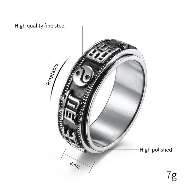Bague rotative en acier titane avec mots et lettres, équilibre et calme