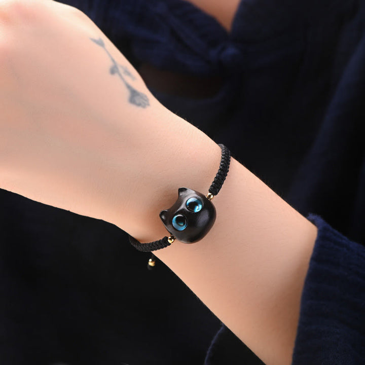 Bracelet tressé en bois de santal rouge et ébène avec petites feuilles et Buddha Stones, tête de chat mignonne, protection calme - image 15