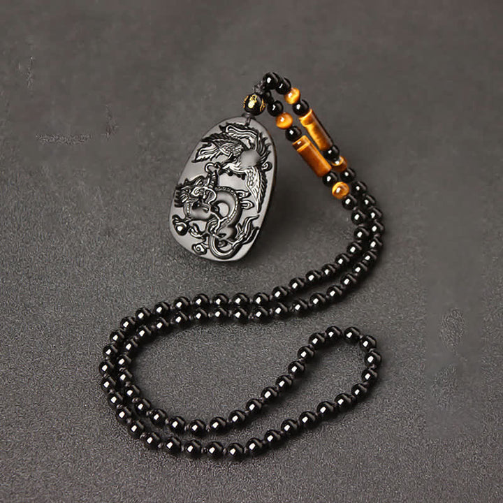 Collier avec pendentif en perles de protection en obsidienne noire œil de tigre dragon phénix - image 13