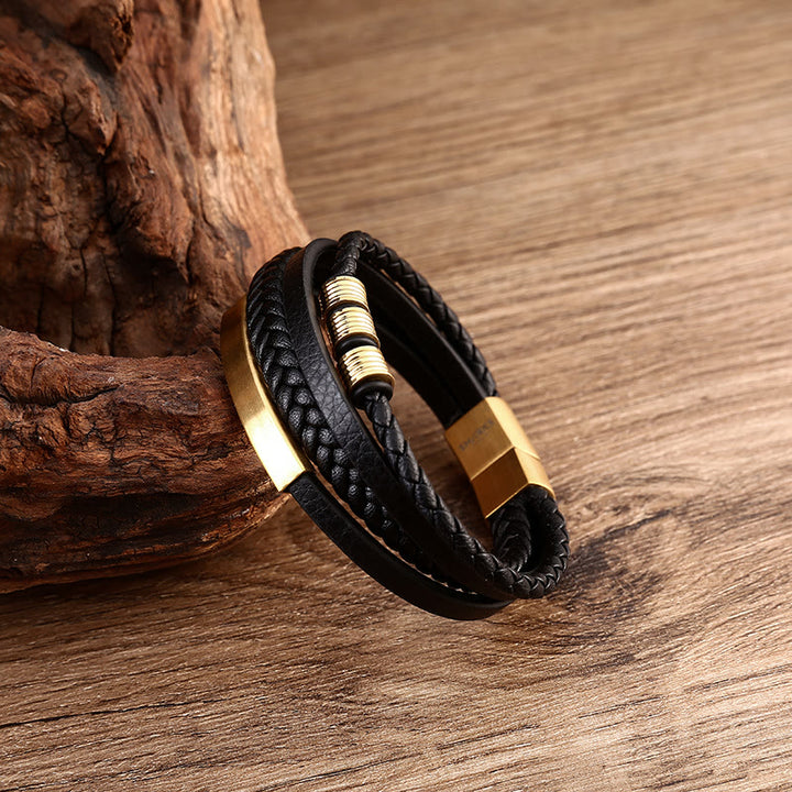 Bracelet en cuir multicouches avec boucle magnétique tressée en acier titane et Buddha Stones