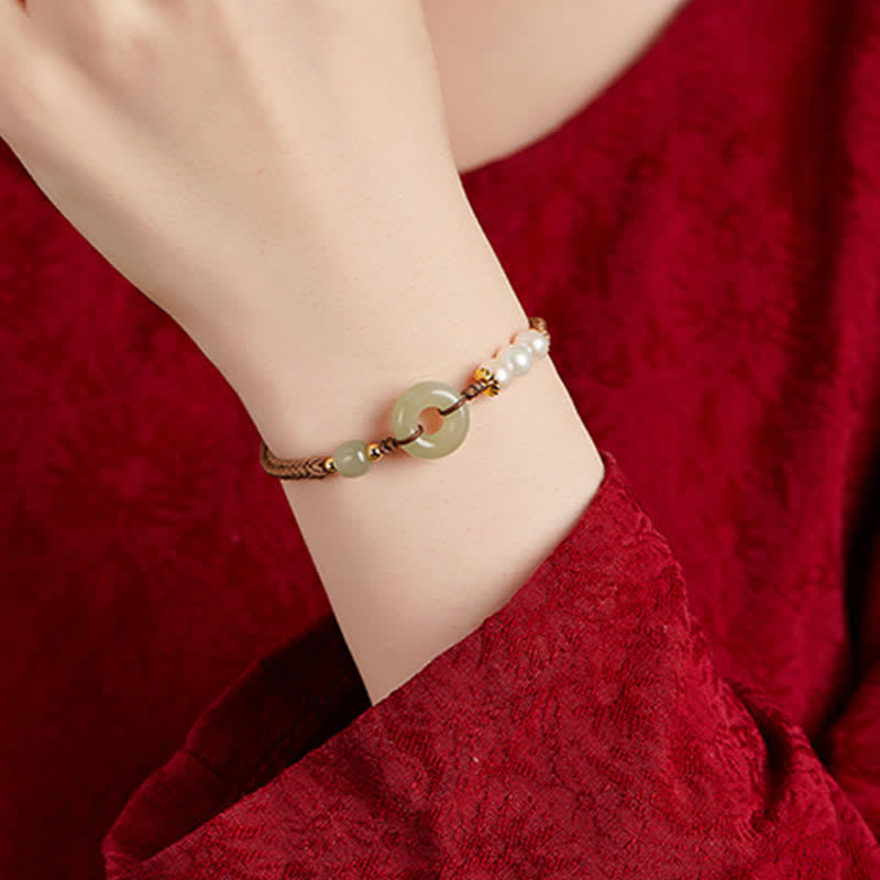 Bracelet porte-bonheur avec boucle de paix et perles de jade Hetian naturelles de Buddha Stones