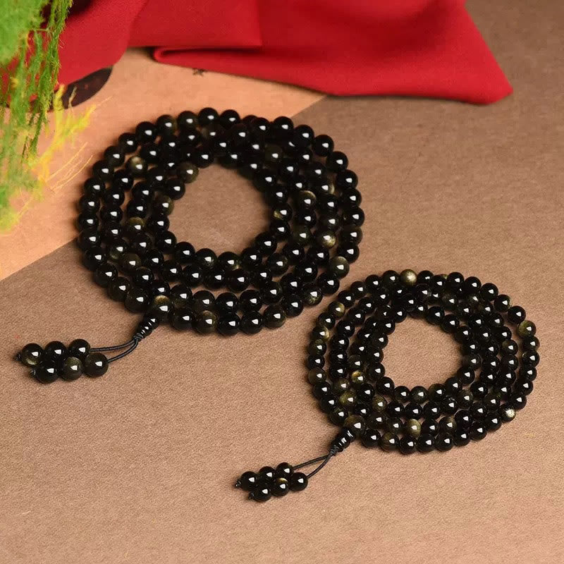 Bracelet de richesse en obsidienne naturelle dorée avec 108 perles de Mala Buddha Stones