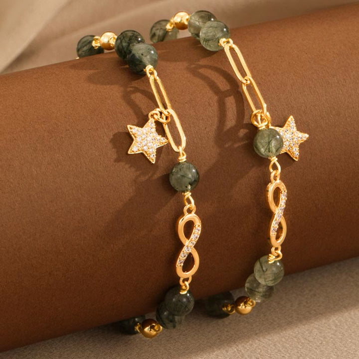 Bracelet de protection en or 14 carats avec quartz rutile vert et boucle Möbius de Buddha Stones, amour éternel et étoile