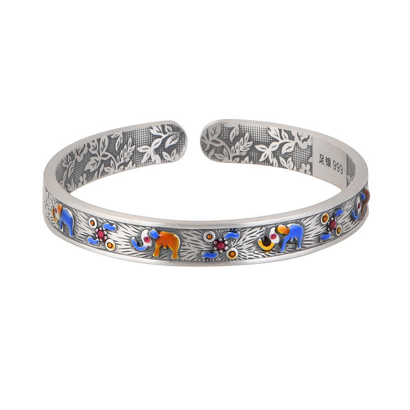 Bracelet manchette en argent sterling 999 avec Buddha Stones et éléphant