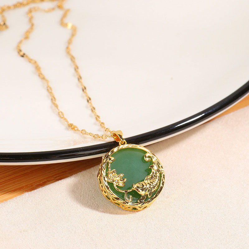 Collier pendentif porte-bonheur en jade naturel avec Buddha Stones et poisson Koi et lotus - image 2