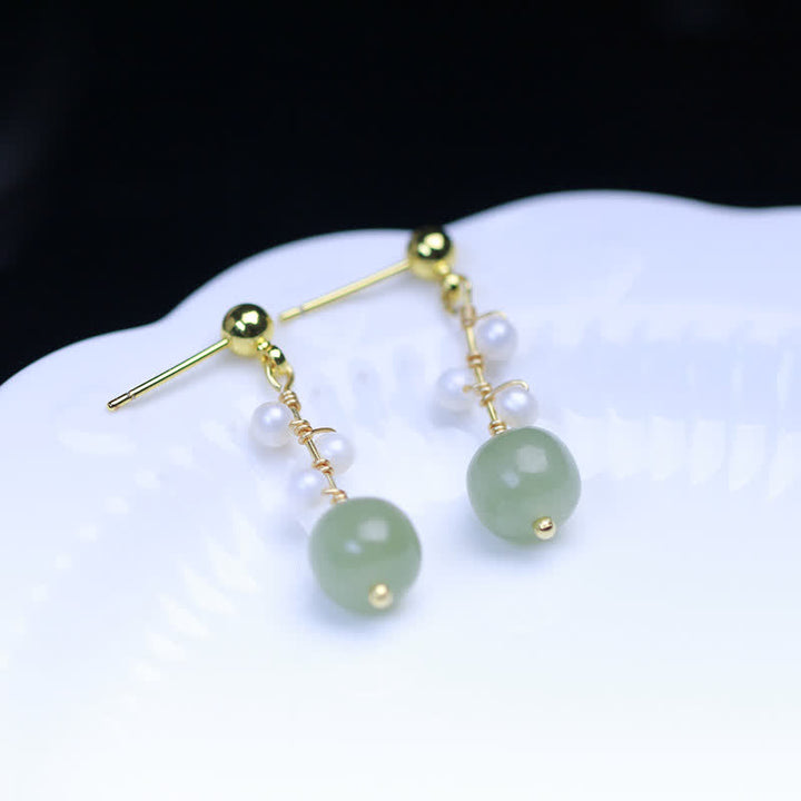 Boucles d'oreilles pendantes en plaqué or 14 carats avec motif de fleur de jade Hetian