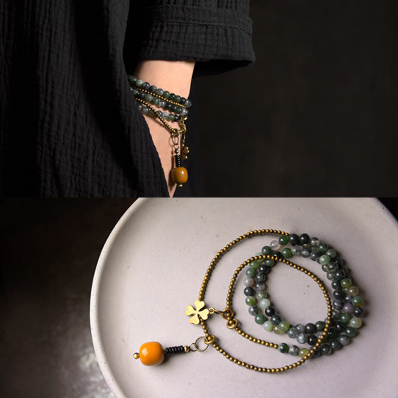 Bracelet porte-bonheur multicouche en cuivre et agate mousse avec Buddha Stones