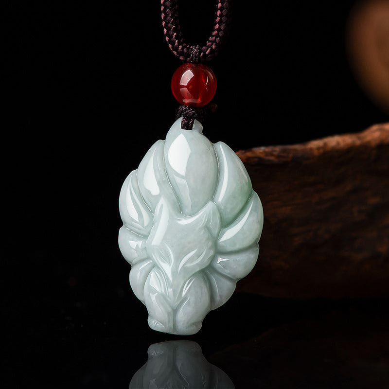 Collier pendentif en jade naturel à neuf queues de Buddha Stones avec pierre porte-bonheur et prospérité