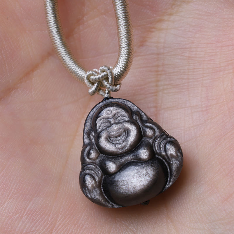 Collier pendentif de protection Buddha Stones rieur en obsidienne argentée naturelle - image 3