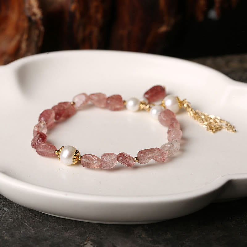 Bracelet de guérison d'amour plaqué or 14 carats avec perles de quartz fraise naturelles