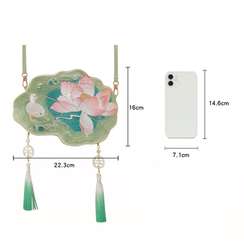 Sac à bandoulière avec broderie de Buddha Stones et de Lotus, poisson Koi, lapin, fleur, Hanfu - image 15
