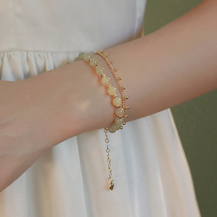 Bracelet de prospérité porte-bonheur en perles de jade Hetian plaqué or 14 carats à 2 couches