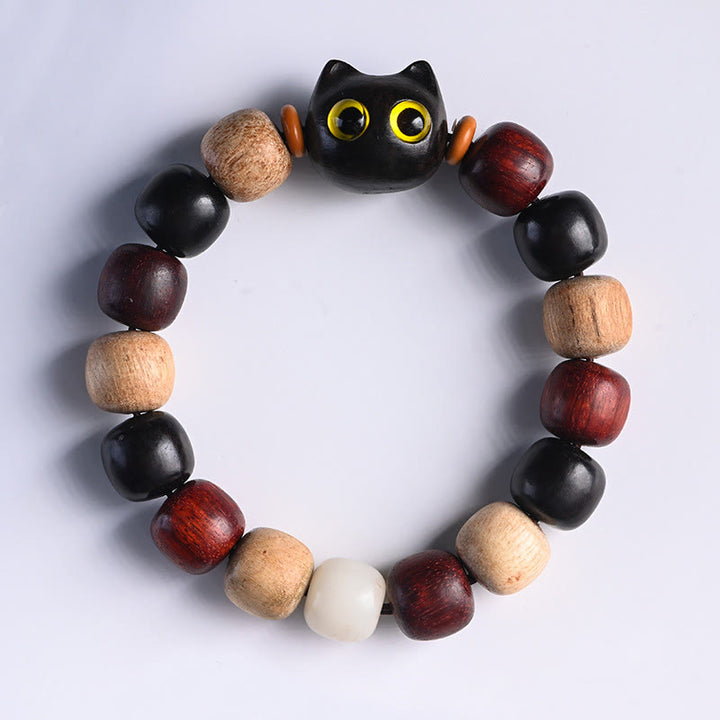 Bracelet de protection gravé en bois de santal rouge et ébène avec petites feuilles de Buddha Stones et chat mignon - image 4