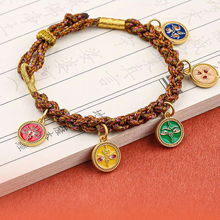 Bracelet Thangka Tibétain en Cordon Tressé Chanceux avec Cinq Dieux de la Richesse