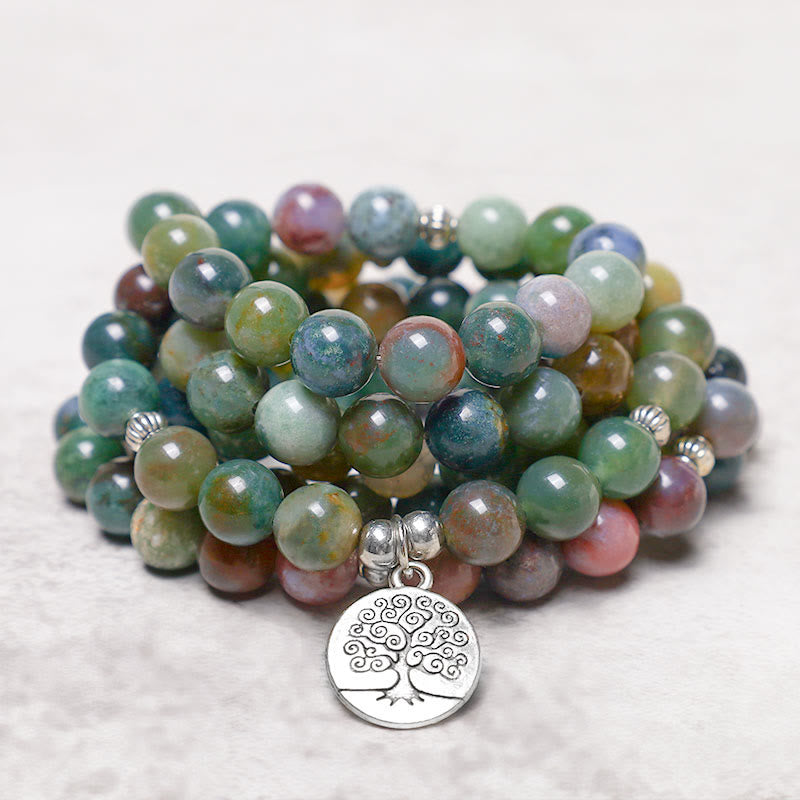 Bracelet Mala 108 Buddha Stones en agate indienne avec lotus OM Bouddha Arbre de vie et calme positif