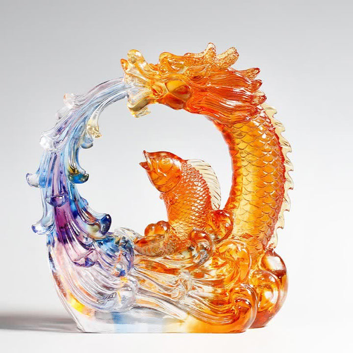 Buddha Stones Feng Shui Dragon Koi Fish Pièce d'art en cristal Liuli faite à la main Décoration de bureau à domicile