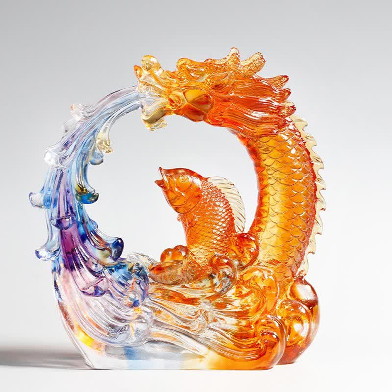 Buddha Stones Feng Shui Dragon Koi Fish Pièce d'art en cristal Liuli faite à la main Décoration de bureau à domicile - Poisson Dragon et Koi - image 0