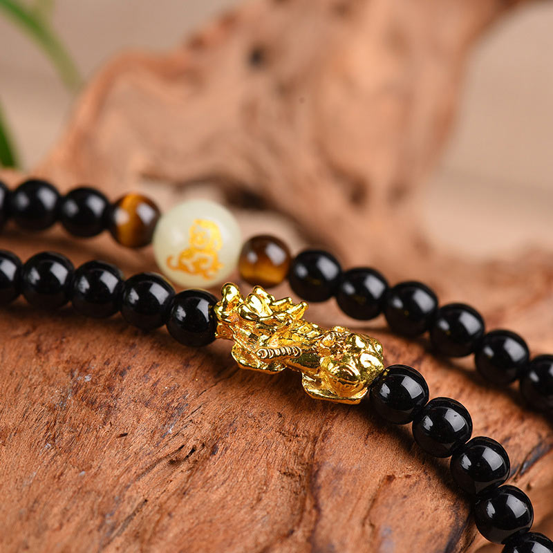 Bracelet Mala de protection PiXiu en obsidienne avec Buddha Stones et zodiaque chinois - image 3