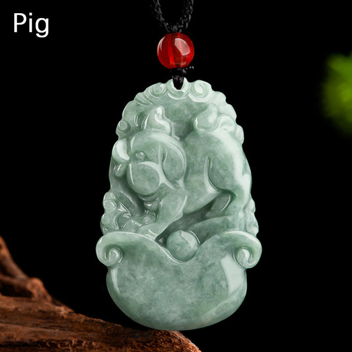 Collier pendentif en jade vert naturel avec Buddha Stones et 12 signes du zodiaque chinois