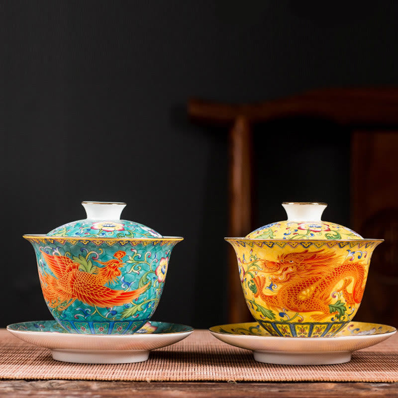 Tasse à thé en céramique Gaiwan Sancai avec motif de fleurs et de dragons Buddha Stones Kung Fu et soucoupe avec couvercle