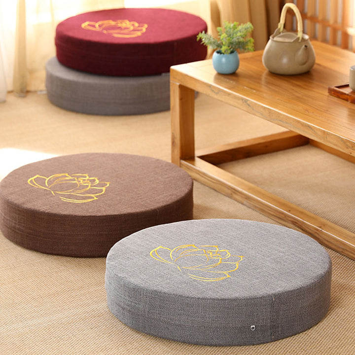 Coussin de siège de méditation en coton et lin avec broderie de Buddha Stones et de lotus - image 1