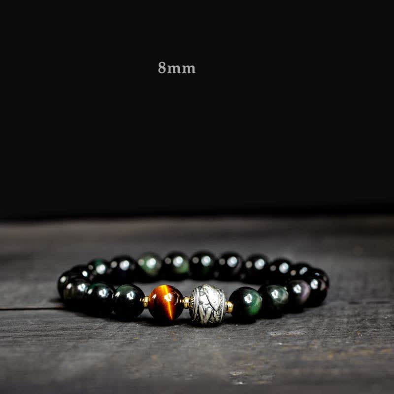 Buddha Stones pour vivre un renversement de fortune Bracelet de protection en obsidienne arc-en-ciel et or brillant