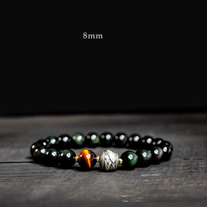 Buddha Stones pour vivre un renversement de fortune Bracelet de protection en obsidienne arc-en-ciel et or brillant