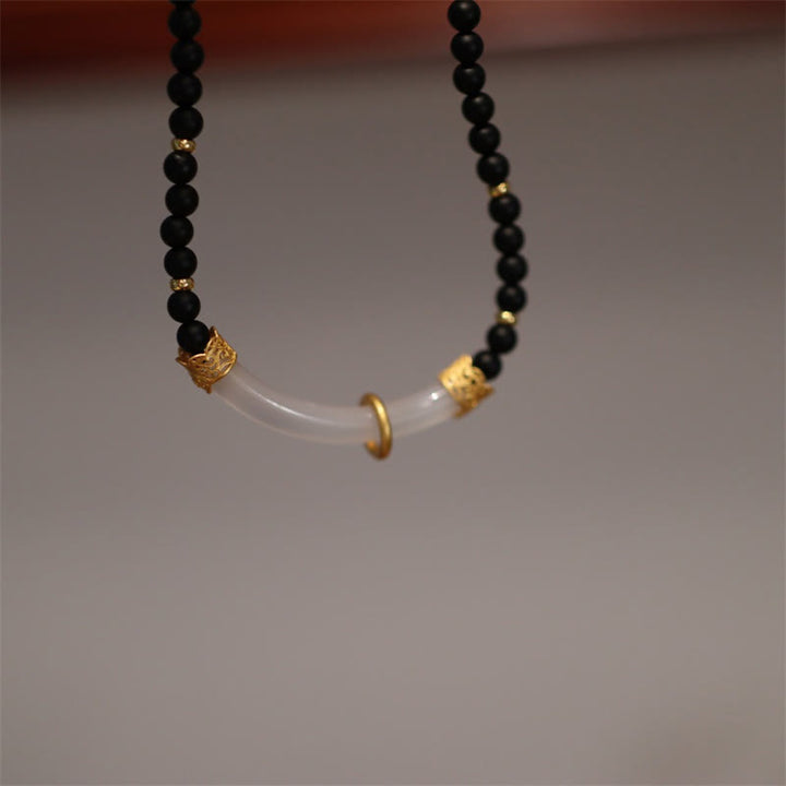 Collier avec pendentif en perles de protection en argent sterling 925 et onyx noir et calcédoine