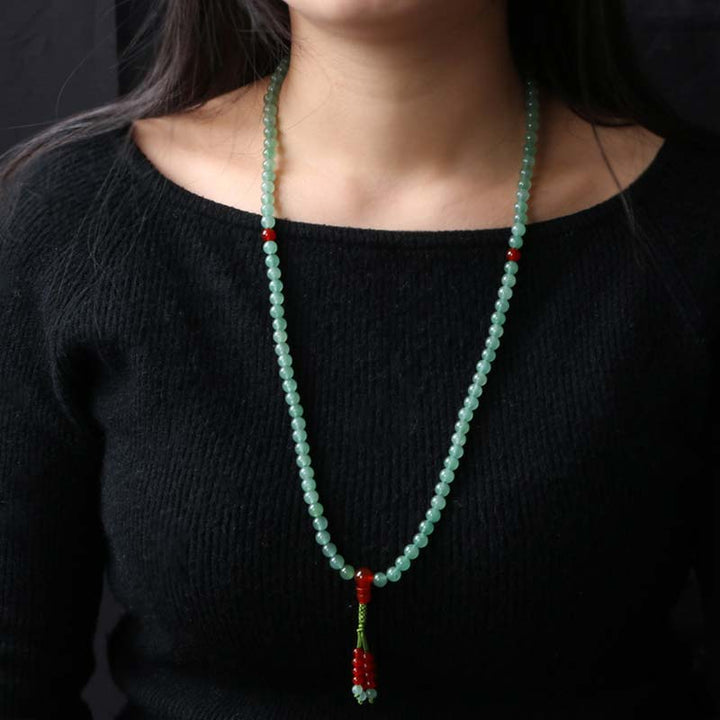 Bracelet Mala porte-bonheur en Buddha Stones, 108 perles, aventurine verte, agate rouge