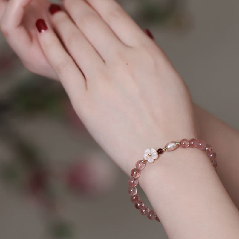 Bracelet d'amour en quartz fraise et fleur de pêcher Buddha Stones