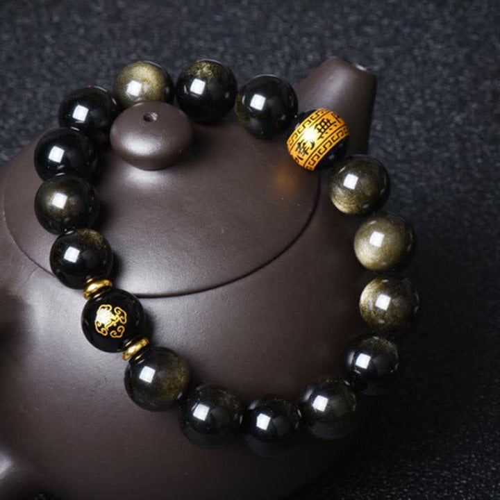 Bracelet de protection de richesse en obsidienne dorée avec Bouddha du zodiaque chinois