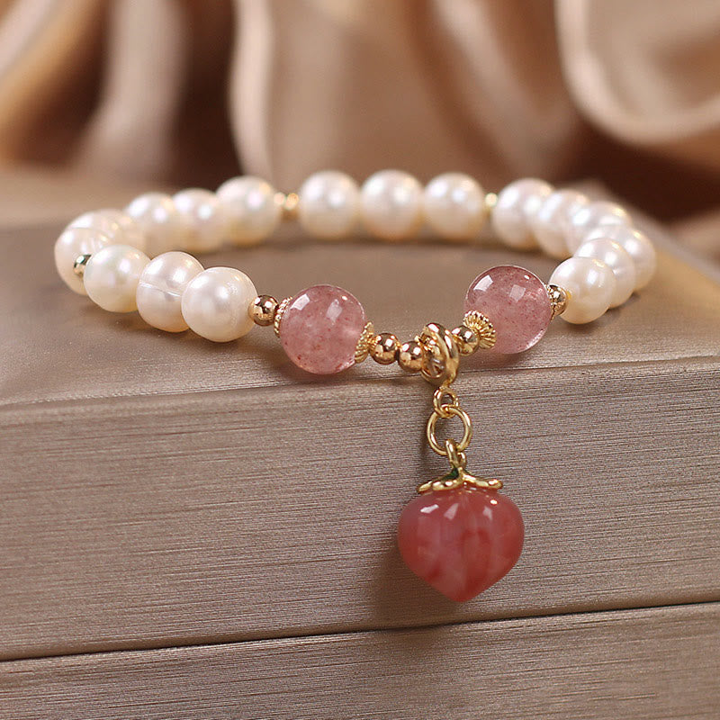 Bracelet à Buddha Stones en perles naturelles et quartz fraise, pêche, amour, cœur, sagesse