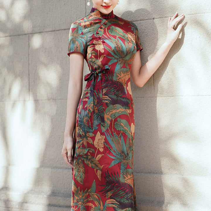 Robe Qipao en soie avec Buddha Stones, motif rétro de feuilles de fleurs, robe cheongsam pour femme