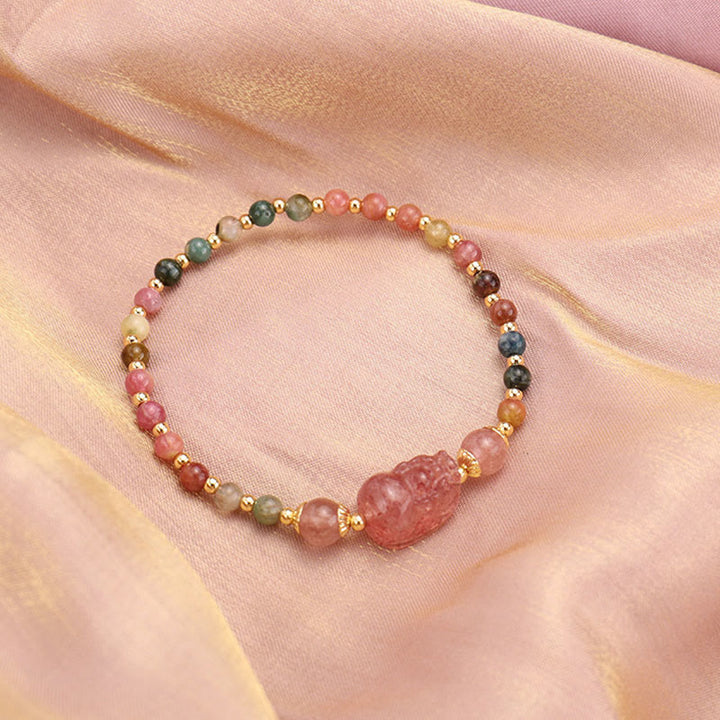 Bracelet de protection en pierre de lune PiXiu en tourmaline naturelle et grenat à fraise - Tourmaline (Amour positif ♥) (Tour de poignet 14-15 cm) - image 0
