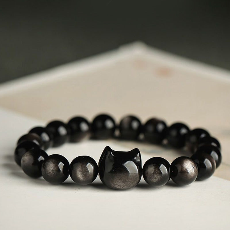 Bracelet de protection porte-bonheur en obsidienne dorée et argentée avec Buddha Stones et jolie patte de chat porte-bonheur - image 14