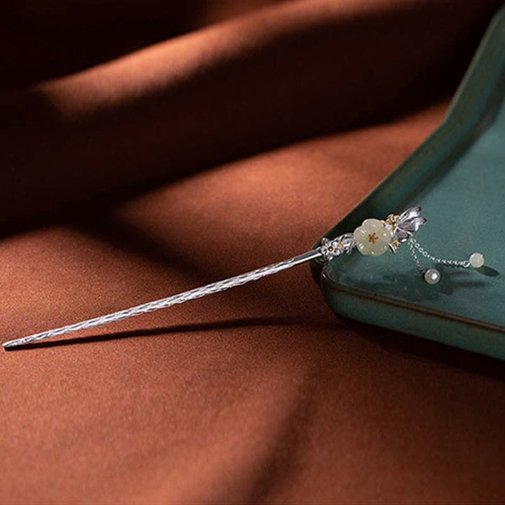 Épingle à cheveux en argent sterling 925 avec fleur de jade blanc Hetian
