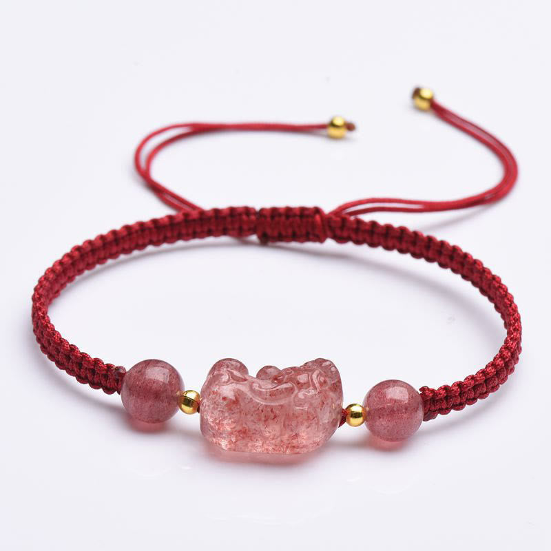 Bracelet porte-bonheur en fil rouge PiXiu en quartz fraise naturel Buddha Stones
