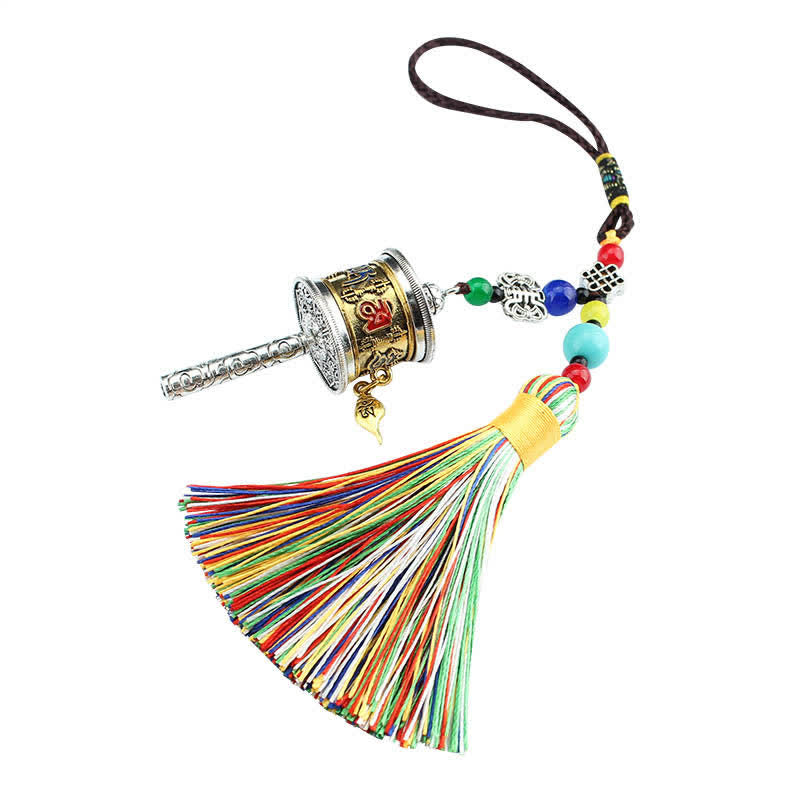 Roue de prière tibétaine Om Mani Padme Hum avec pompon pour sac, décoration suspendue pour voiture
