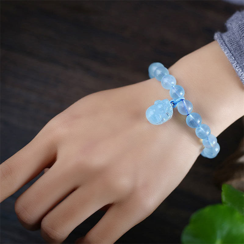 Bracelet à breloques de guérison et de paix Pixiu en ambre et aigue-marine naturelle - image 2