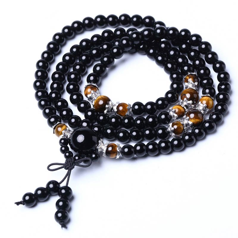 Bracelet Mala 108 perles en obsidienne noire naturelle œil de tigre Buddha Stones