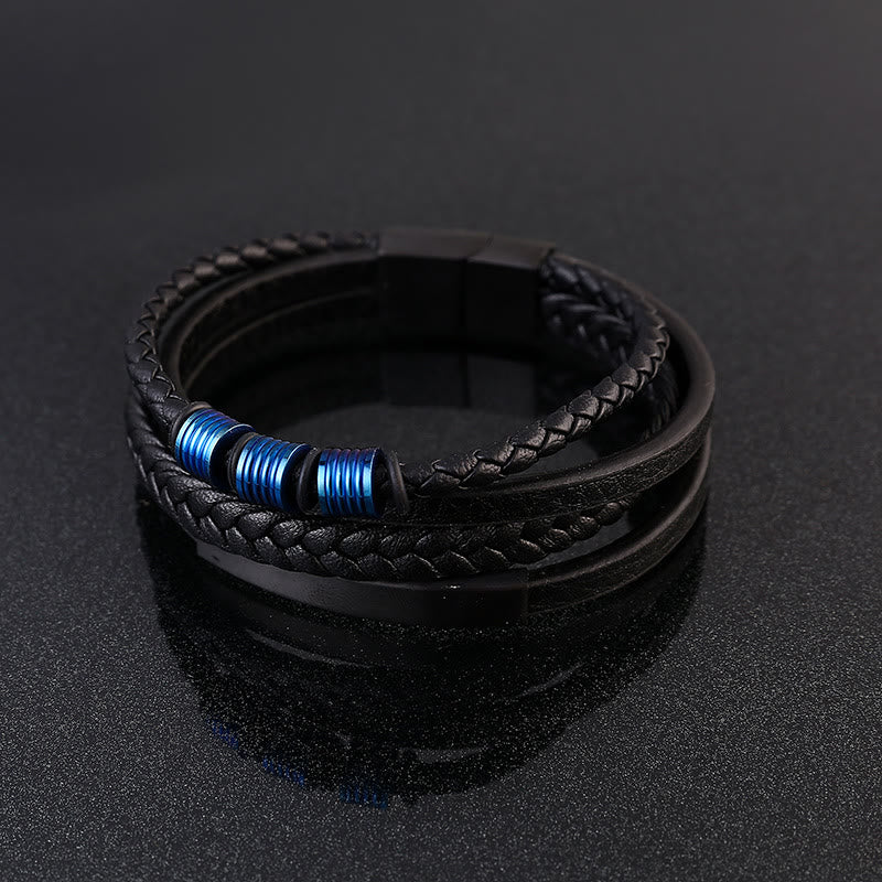 Bracelet en cuir multicouches avec boucle magnétique tressée en acier titane et Buddha Stones