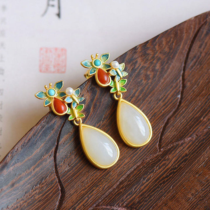 Boucles d'oreilles pendantes en forme de goutte d'eau Buddha Stones, jade blanc, agate rouge, papillon, protection