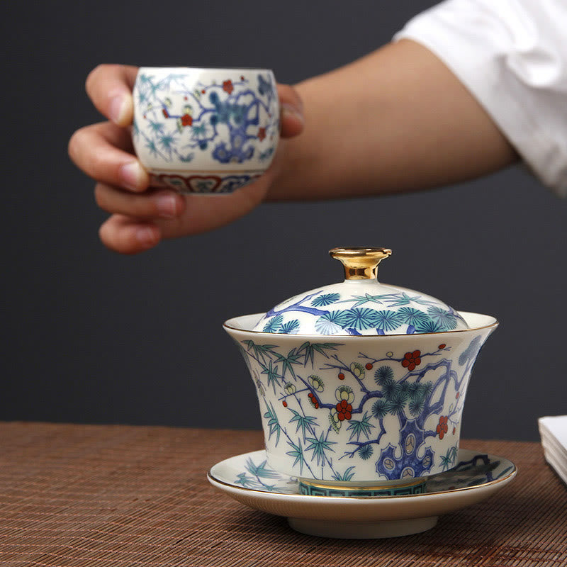 Buddha Stones Rétro Fleur de Prunier Pin Bambou Phénix Kirin Céramique Gaiwan Sancai Tasse à Thé Kung Fu Tasse à Thé et Soucoupe avec Couvercle