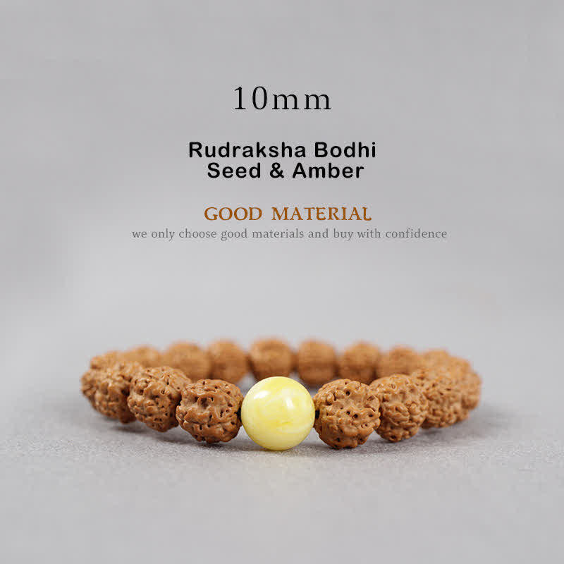 Bracelet de richesse en Buddha Stones tibétaines Rudraksha Bodhi Seed Dzi Bead Amber Turquoise - 10 mm - Graine de Rudraksha Bodhi et ambre - image 12