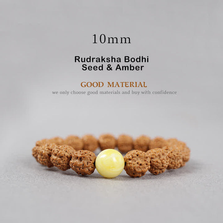 Bracelet de richesse en Buddha Stones tibétaines Rudraksha Bodhi Seed Dzi Bead Amber Turquoise - 10 mm - Graine de Rudraksha Bodhi et ambre - image 12