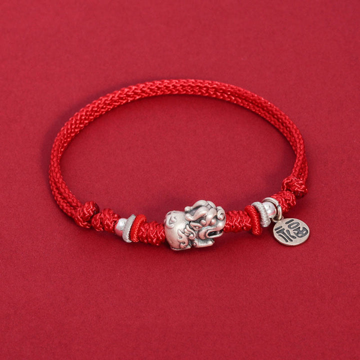 Bracelet tressé fait main en argent sterling 925 avec Buddha Stones et personnage PiXiu Fu - Cordon rouge (tour de poignet 14-17 cm) - image 1