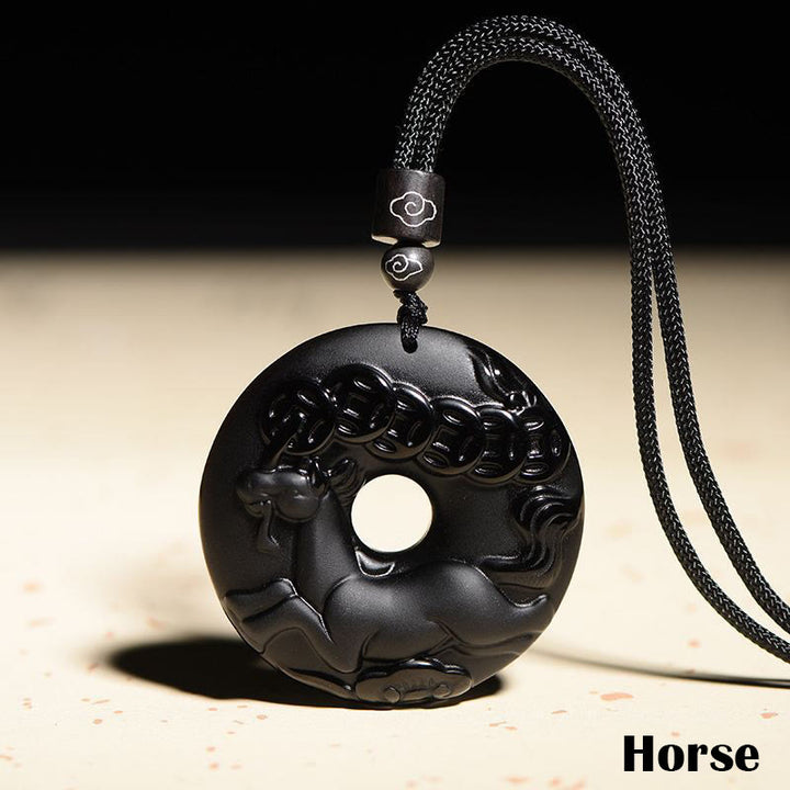 Collier avec pendentif en obsidienne noire naturelle et Buddha Stones du zodiaque chinois - Cheval - image 18